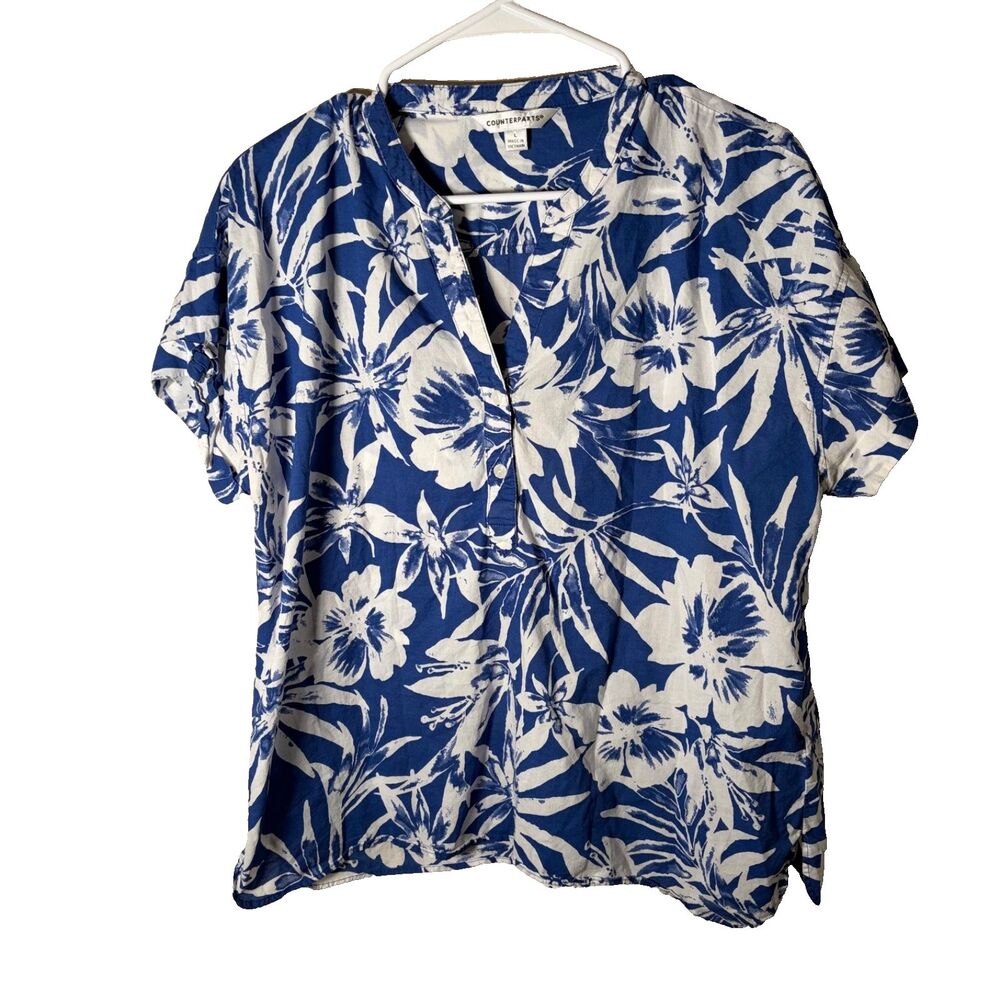 Counterparts Blouse Women's Large Blue Floral Short Sleeve Casual Top Shirt